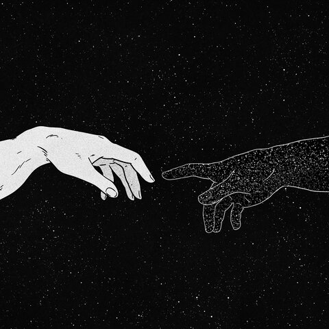 touching hands against a space background