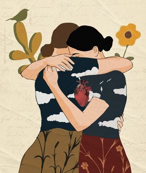 illustrated women hugging